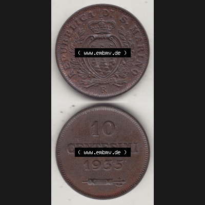 Bildmaterial Münzen aus San Marino vor 1950, 1935-1938, 10 Centesimi, (Cent-Wert), 1935-1, LIBERTAS REPUBBLICA DI S. MARINO, 10 CENTESIMI 1935... Sammlung