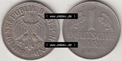 BRD Münzen 1 DM, Umlaufmünze 1950-2001, 1 DM Deutsche Mark, 1971 J-1. Vorderseite und Rückseite der Münze aus Deutschland Sammlung