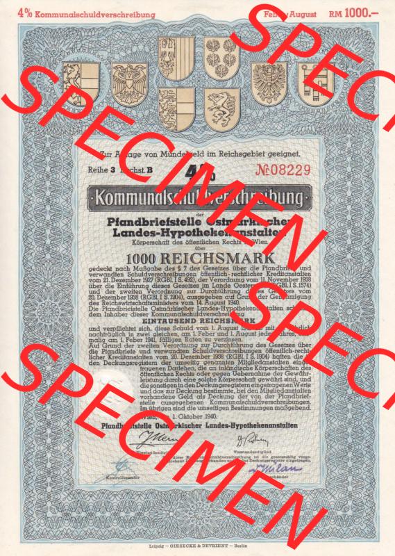 Alte Wertpapiere Österreich im Deutschen Reich 1940, Kommunal-Schuldverschreibung, Pfandbriefstelle Ostmärkischer Landes-Hypothekenanstalt über Eintausend 1000 Reichsmark (1) Sammlung