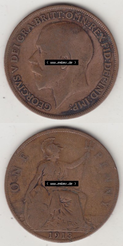 Münzen Großbritannien Eurovorläufer, Umlaufmünze vor Euroeinführung 1911-1926, 1 One Penny, 1913 (Stück 1), George V, B.M.... Sammlung