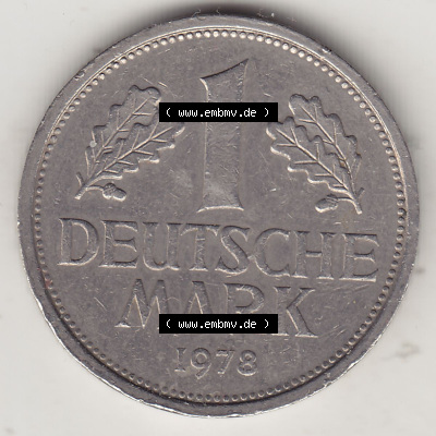 BRD Münzen 1 DM, Umlaufmünze 1950-2001, 1 DM Deutsche Mark, 1978 G-1. Rückseite der Münze aus Deutschland Sammlung