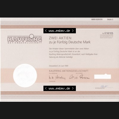 Alte Wertpapiere Bundesrepublik Deutschland in Deutsche Mark 1991, 100 DM, Kaufring Aktiengesellschaft, Zwei Aktien zu je Fünfzig 50 Deutsche Mark (2) Sammlung