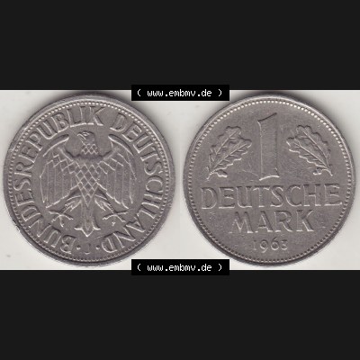 BRD Münzen 1 DM, Umlaufmünze 1950-2001, 1 DM Deutsche Mark, 1963 J-1. Vorderseite und Rückseite der Münze aus Deutschland Sammlung