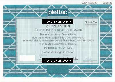 Alte Wertpapiere Bundesrepublik Deutschland in Deutsche Mark 1993, 50 DM, Zehn Aktien zu je Fünfzig Deutsche Mark, plettac Aktiengesellschaft... Sammlung