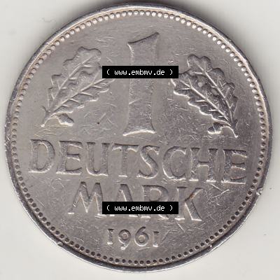 BRD Münzen 1 DM, Umlaufmünze 1950-2001, 1 DM Deutsche Mark, 1961 G-1. Rückseite der Münze aus Deutschland Sammlung