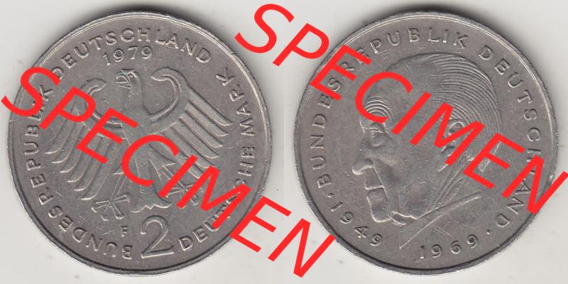 BRD Münzen 2 DM Gedenkmünze 1969-1987, 2 DM, Deutsche Mark Konrad Adenauer 1979-1 F. Vorderseite und Rückseite der Münze aus Deutschland Sammlung