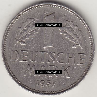 BRD Münzen 1 DM, Umlaufmünze 1950-2001, 1 DM Deutsche Mark, 1957 J-1. Rückseite der Münze aus Deutschland Sammlung