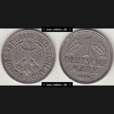 BRD Münzen 1 DM, Umlaufmünze 1950-2001, 1 DM Deutsche Mark, 1950 J-6. Vorderseite und Rückseite der Münze aus Deutschland Sammlung