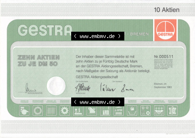 Alte Wertpapiere Bundesrepublik Deutschland in Deutsche Mark 1983, Zehn Aktien zu je 50 DM, Fünfzig Deutsche Mark, GESTRA Aktien... Sammlung