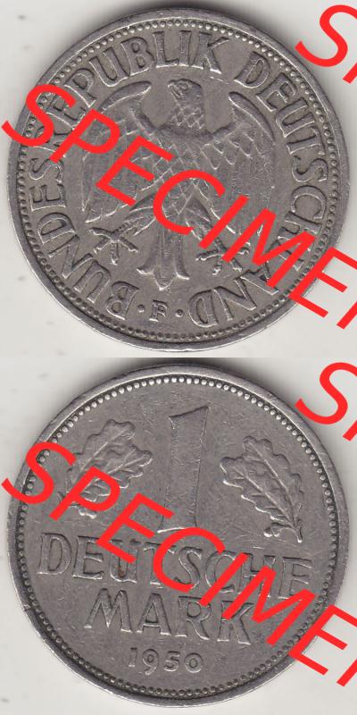 BRD Münzen 1 DM, Umlaufmünze 1950-2001, 1 DM Deutsche Mark, 1950 F-6. Vorderseite und Rückseite auf einen digitalen Bild / Foto der Münze aus Deutschland,... Sammlung