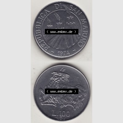 Aus offiziellen Münzensatz / KMS 1974 San Marino vor Euro 1974-1974, 100 Lire, L.100 MINGUZZI MONASSI INC. (4) Sammlung