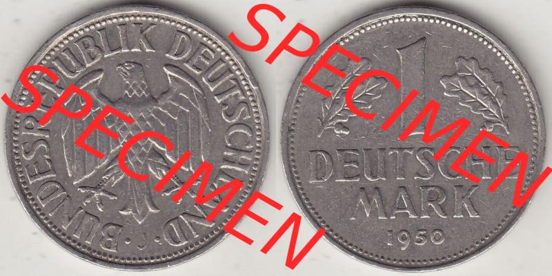 BRD Münzen 1 DM, Umlaufmünze 1950-2001, 1 DM Deutsche Mark, 1950 J-2. Vorderseite und Rückseite der Münze aus Deutschland Sammlung