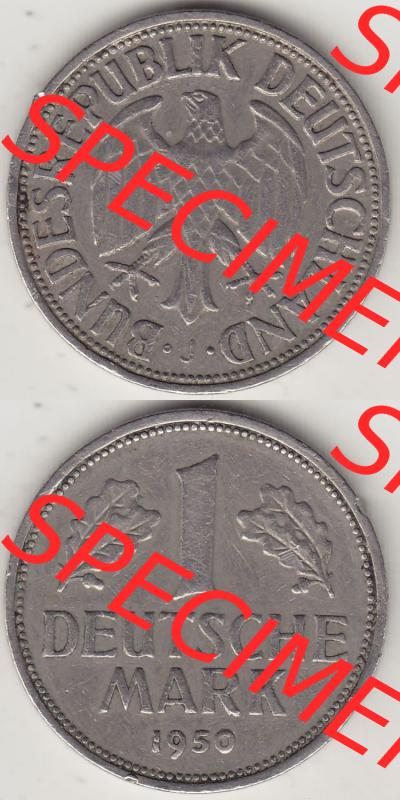 BRD Münzen 1 DM, Umlaufmünze 1950-2001, 1 DM Deutsche Mark, 1950 J-8. Vorderseite und Rückseite auf einen digitalen Bild / Foto der Münze aus Deutschland,... Sammlung