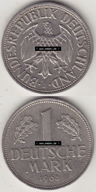 BRD Münzen 1 DM, Umlaufmünze 1950-2001, 1 DM Deutsche Mark, 1968 J-1. Vorderseite und Rückseite auf einen digitalen Bild /... Sammlung