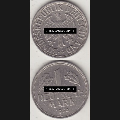 BRD Münzen 1 DM, Umlaufmünze 1950-2001, 1 DM Deutsche Mark, 1950 G-3. Vorderseite und Rückseite auf einen digitalen Bild / Foto der Münze aus Deutschland,... Sammlung