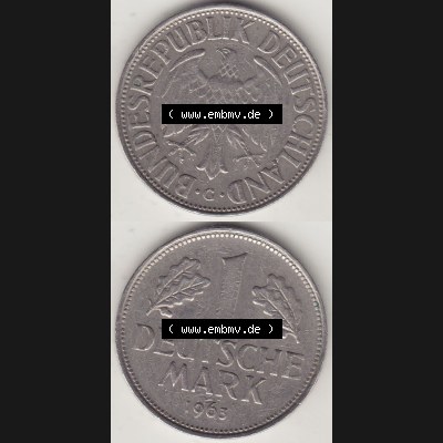 BRD Münzen 1 DM, Umlaufmünze 1950-2001, 1 DM Deutsche Mark, 1963 G-1. Vorderseite und Rückseite auf einen digitalen Bild / Foto der Münze aus Deutschland,... Sammlung