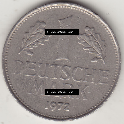 BRD Münzen 1 DM, Umlaufmünze 1950-2001, 1 DM Deutsche Mark, 1972 G-2. Rückseite der Münze aus Deutschland Sammlung