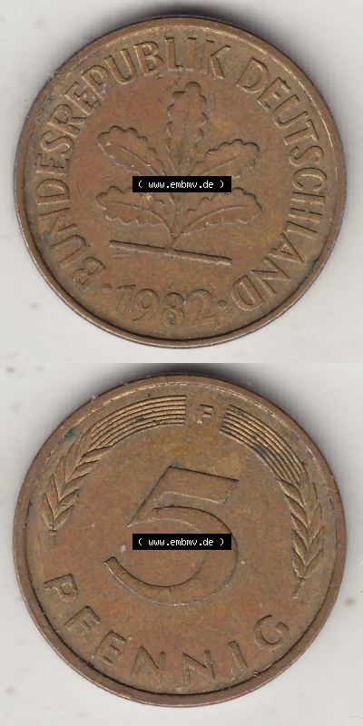 Münzen Deutschland 5 Pfennig-Deutsche Mark 1950-2001, 5 Pfennig, 1982 F-1 (4) Sammlung