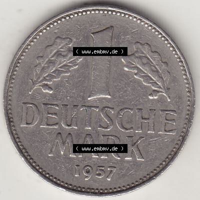 BRD Münzen 1 DM, Umlaufmünze 1950-2001, 1 DM Deutsche Mark, 1957 J-1. Rückseite der Münze aus Deutschland Sammlung
