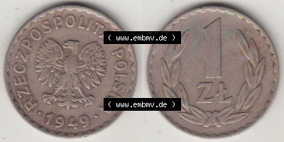 Münzen Republik Polen Eurovorläufer, Umlaufmünze 1949-1949, 1 Zloty, Kupfernickel-Legierung 1949. Vorderseite und Rückseite... Sammlung