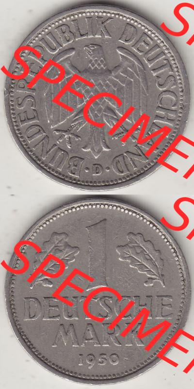 BRD Münzen 1 DM, Umlaufmünze 1950-2001, 1 DM Deutsche Mark, 1950 D-6. Vorderseite und Rückseite auf einen digitalen Bild / Foto der Münze aus Deutschland,... Sammlung