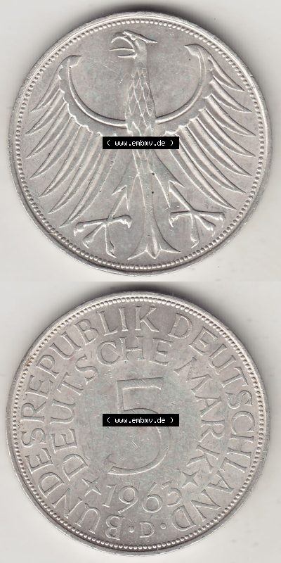 Münzen Deutsche Mark Silbermünze 1951-1974, 5 DM, 5 Deutsche Mark Silberadler, Heiermann 1963 D-1. Bildmaterial mit Vorderseite... Sammlung