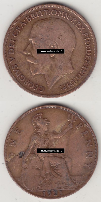 Münzen Großbritannien Eurovorläufer, Umlaufmünze vor Euroeinführung 1911-1926, 1 One Penny, 1921 (Stück 1), George V, B.M.... Sammlung