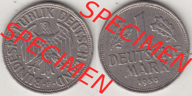 BRD Münzen 1 DM, Umlaufmünze 1950-2001, 1 DM Deutsche Mark, 1950 F-2. Vorderseite und Rückseite der Münze aus Deutschland Sammlung