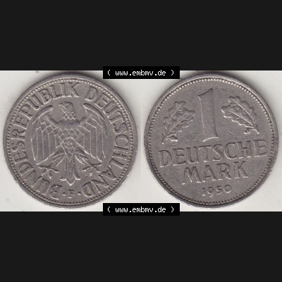 BRD Münzen 1 DM, Umlaufmünze 1950-2001, 1 DM Deutsche Mark, 1950 F-4. Vorderseite und Rückseite der Münze aus Deutschland Sammlung