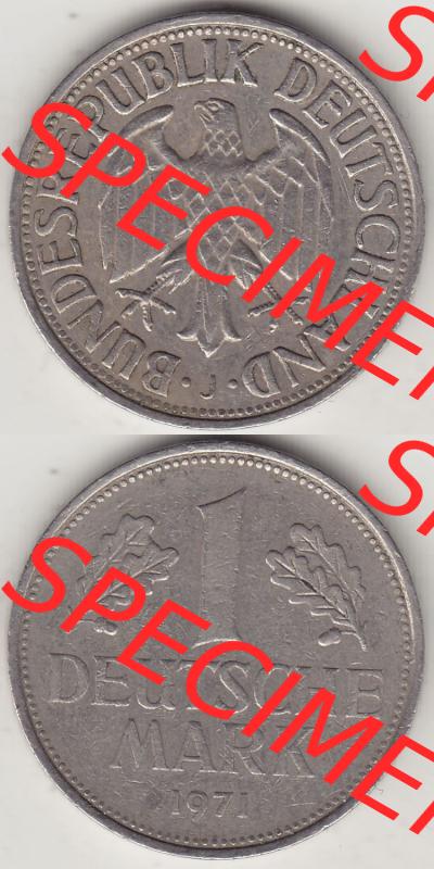 BRD Münzen 1 DM, Umlaufmünze 1950-2001, 1 DM Deutsche Mark, 1971 J-1. Vorderseite und Rückseite auf einen digitalen Bild / Foto der Münze aus Deutschland,... Sammlung