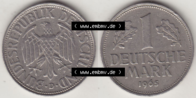 BRD Münzen 1 DM, Umlaufmünze 1950-2001, 1 DM Deutsche Mark, 1965 D-1. Vorderseite und Rückseite der Münze aus Deutschland Sammlung
