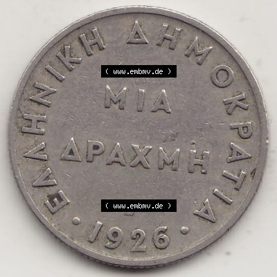 Münzen Griechenland Eurovorläufer, Umlaufmünze vor Euroeinführung 1926-1926, 1 Drachme, Mia Apaxmh 1926-1 (1) Sammlung