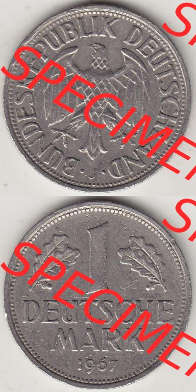 BRD Münzen 1 DM, Umlaufmünze 1950-2001, 1 DM Deutsche Mark, 1967 J-2. Vorderseite und Rückseite auf einen digitalen Bild / Foto der Münze aus Deutschland,... Sammlung