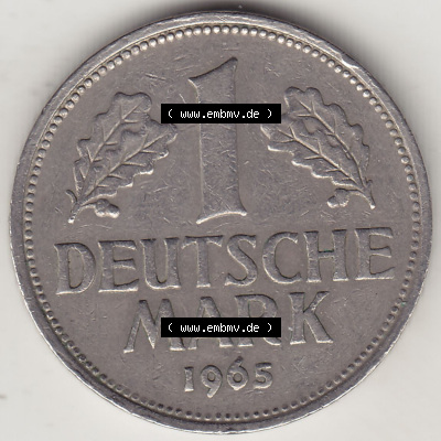 BRD Münzen 1 DM, Umlaufmünze 1950-2001, 1 DM Deutsche Mark, 1965 D-1. Rückseite der Münze aus Deutschland Sammlung