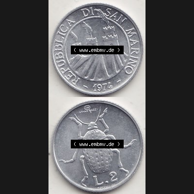 Aus offiziellen Münzensatz / KMS 1974 San Marino vor Euro 1974-1974, 2 Lire, L.2 MINGUZZI MONASSI INC. (4) Sammlung