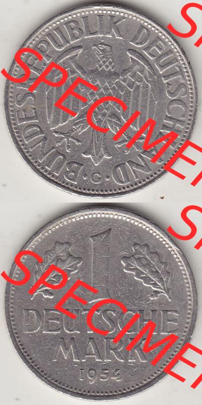 BRD Münzen 1 DM, Umlaufmünze 1950-2001, 1 DM Deutsche Mark, 1954 G-1. Vorderseite und Rückseite auf einen digitalen Bild / Foto der Münze aus Deutschland,... Sammlung