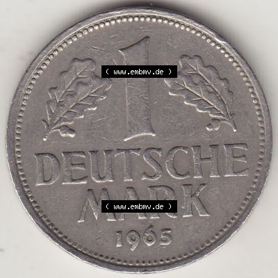 BRD Münzen 1 DM, Umlaufmünze 1950-2001, 1 DM Deutsche Mark, 1965 D-1. Rückseite der Münze aus Deutschland Sammlung