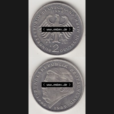 BRD Münzen 2 DM Gedenkmünze 1990-2001, 2 DM, Deutsche Mark Franz Josef Strauß 1994 F-1. Vorderseite und Rückseite auf einen digitalen Bild / Foto der Münze... Sammlung