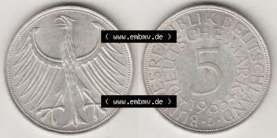 Münzen Deutsche Mark Silbermünze 1951-1974, 5 DM, 5 Deutsche Mark Silberadler, Heiermann 1963 D-1. Vorderseite und Rückseite... Sammlung
