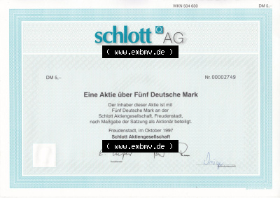Alte Wertpapiere Bundesrepublik Deutschland in Deutsche Mark 1997, 5 DM, Eine Aktie über Fünf Deutsche Mark, Schlott AG Freudenstadt... Sammlung