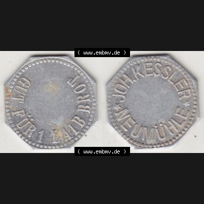 Alte Wertmarken Allgemein Brotmarke, Gut für ein Laib Brot, Joh. Kessler, Neumühle. Vorderseite und Rückseite auf einen digitalen Bild einer Wertmarke.... Sammlung