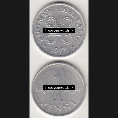 Münzen Finnland / SUOMI Eurovorläufer, Umlaufmünze vor Euroeinführung 1978-1978, Stempelglanz 1969-1979, 1 Penny, 1978-1. Rückseite und Vorderseite... Sammlung