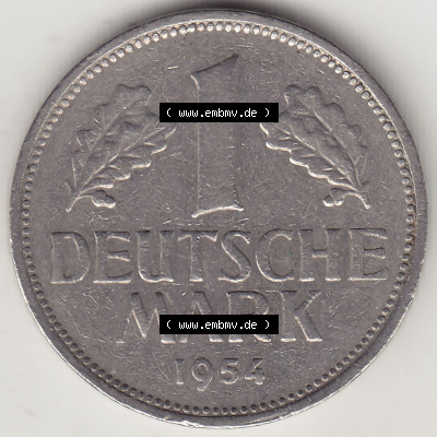 BRD Münzen 1 DM, Umlaufmünze 1950-2001, 1 DM Deutsche Mark, 1954 G-3. Rückseite der Münze aus Deutschland Sammlung