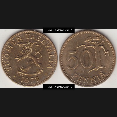 Münzen Finnland / SUOMI Eurovorläufer, Umlaufmünze vor Euroeinführung 1978-1978, Stempelglanz 1963-1990, 50 Penny 1978-1. Rückseite und Vorderseite... Sammlung
