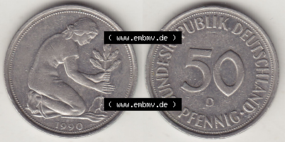 Münzen Deutschland 50 Pfennig der Deutschen Mark 1950-2001, 50 Pfennig 1990 D-1 (3) Sammlung