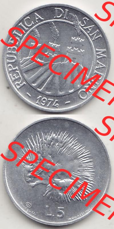 Aus offiziellen Münzensatz / KMS 1974 San Marino vor Euro 1974-1974, 5 Lire, L.5 MINGUZZI MONASSI INC. (4) Sammlung
