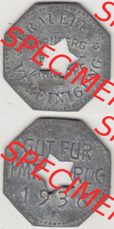 Alte Wertmarken Allgemein 1936, Brauerei-Vereinigung Nürnberg - Zirndorf. Vorderseite und Rückseite vertikal untereinander zusammengefügt für Mobile-Geräte wie IPhone... Sammlung