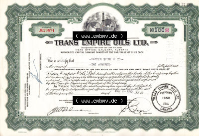 Alte Wertpapiere Amerikanische Öl-Gesellschaften 1955, Trans Empire Oils LTD., one Hundred, Zertifikat für 100 Aktien (1) Sammlung