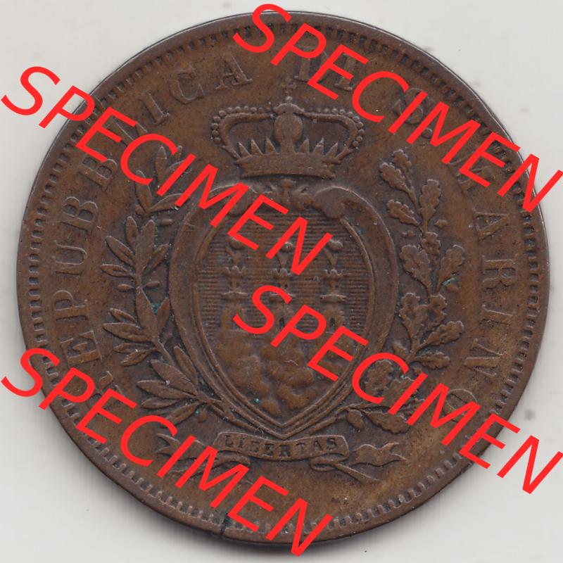 Bildmaterial Münzen aus San Marino vor 1950, 1875-1894, 10 Centesimi, Cent-Wert, 1875-1, GORI LIBERTAS REPUBBLICA DI S. MARINO, 10 CENTESIMI (1) Sammlung