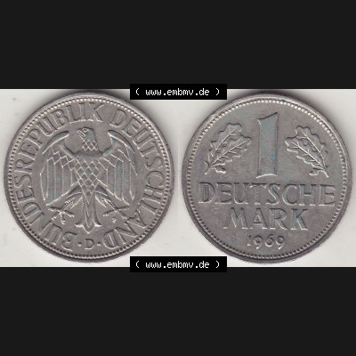 BRD Münzen 1 DM, Umlaufmünze 1950-2001, 1 DM Deutsche Mark, 1969 D-1. Vorderseite und Rückseite der Münze aus Deutschland Sammlung
